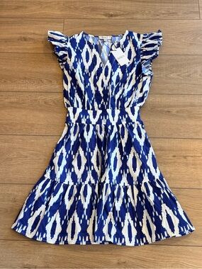 Avara Blue & White Ruffle Sleeve Dress